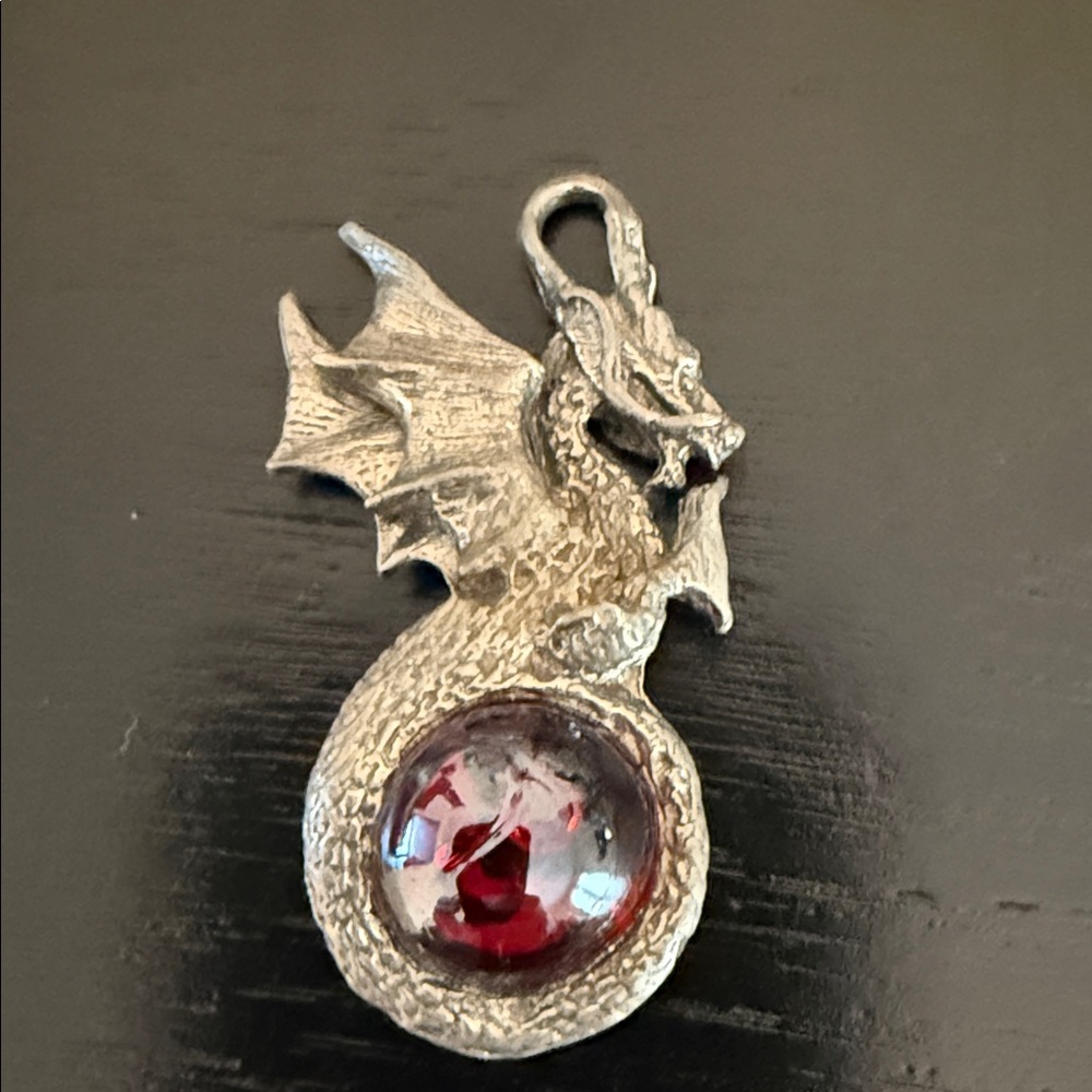 Silver Dragon Pendant with Red Gem